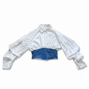 White and Blue Puff Sleeve Blouse